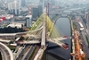 Tower cranes assist on the Octavio Frias de Oliveira cable-stayed bridge